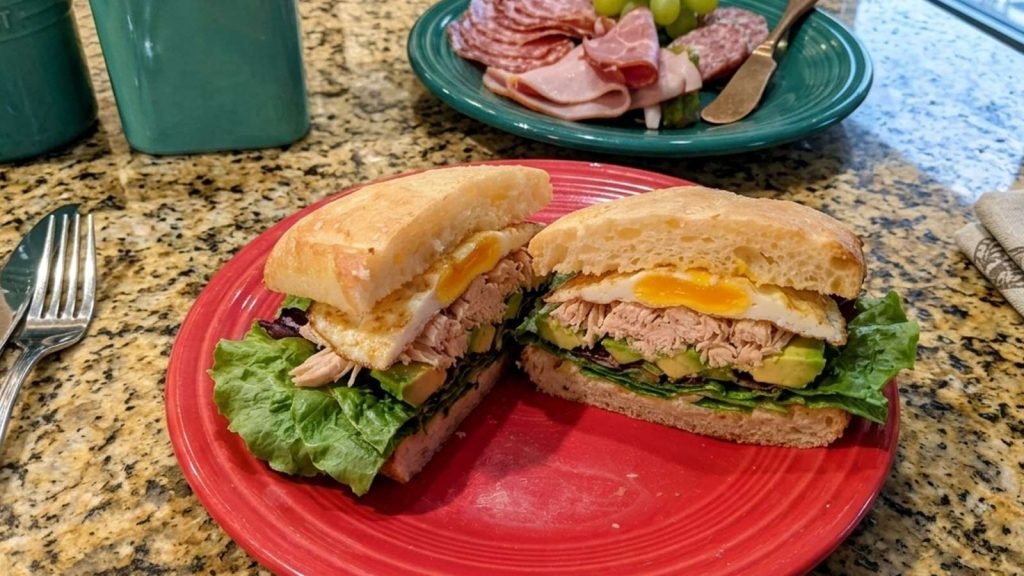 Crockpot chicken sandwich on counter