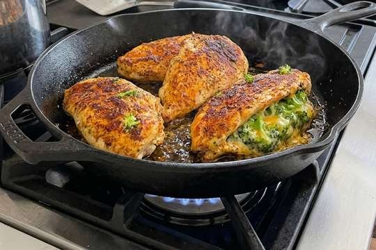Stuffed chicken in pan