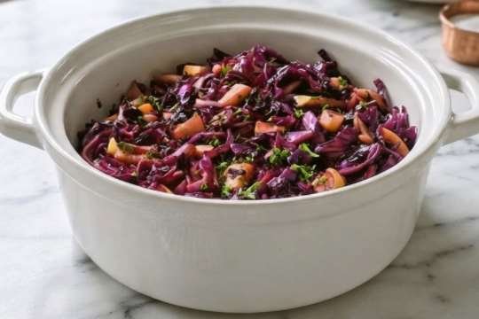 Braised red cabbage in a white bowl. 